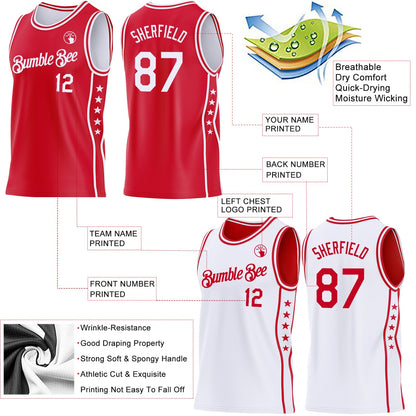 Custom Reversible Red White Double Side Star Sublimation Basketball Set Jersey