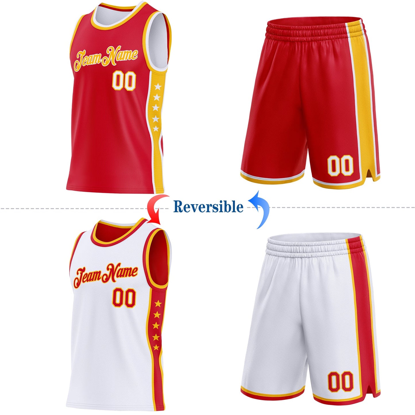 Custom Reversible Red White-Gold Double Side Star Sublimation Basketball Set Jersey