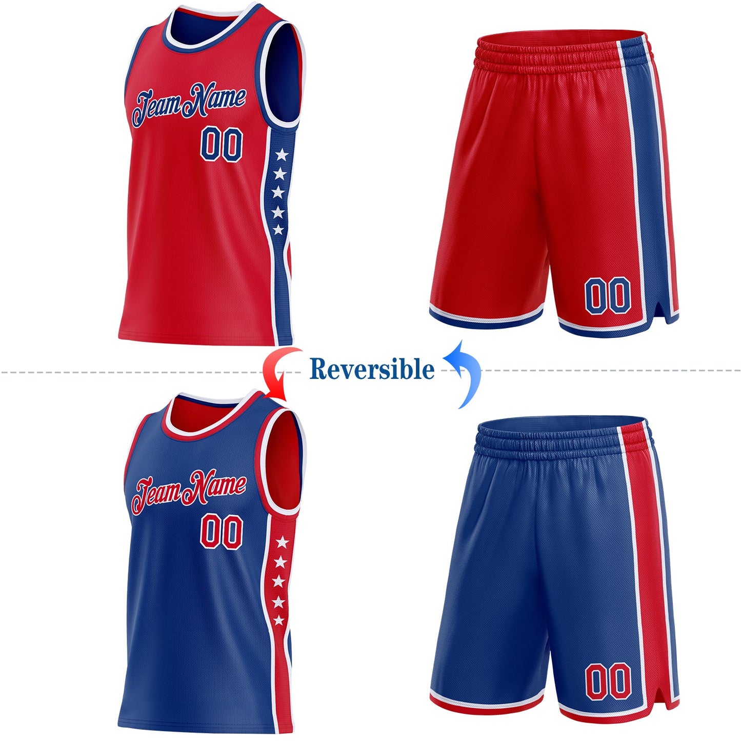 Custom Reversible Red Royal-White Double Side Star Sublimation Basketball Set Jersey