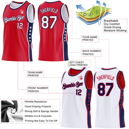 Custom Reversible Red White-Navy Double Side Star Sublimation Basketball Set Jersey