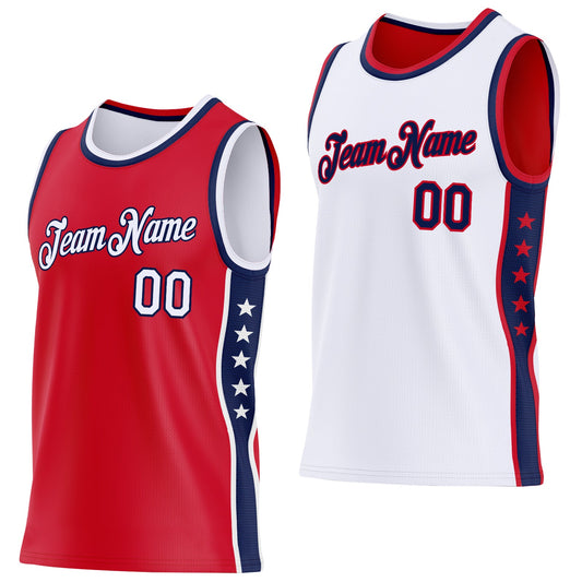 Custom Reversible Red White-Navy Double Side Star Sublimation Basketball Set Jersey