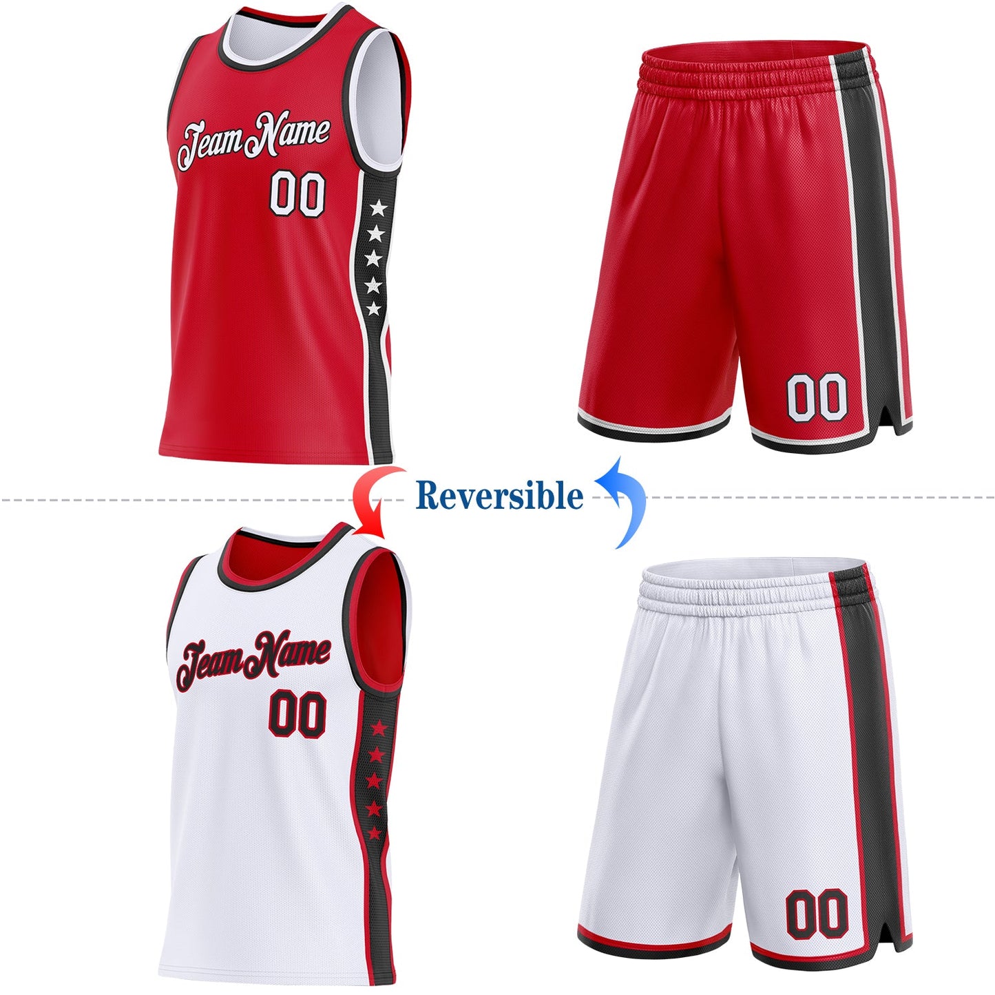 Custom Reversible Red White-Black Double Side Star Sublimation Basketball Set Jersey