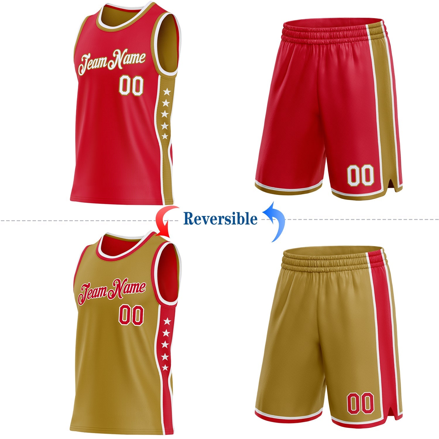Custom Reversible Red White-Old Gold Double Side Star Sublimation Basketball Set Jersey