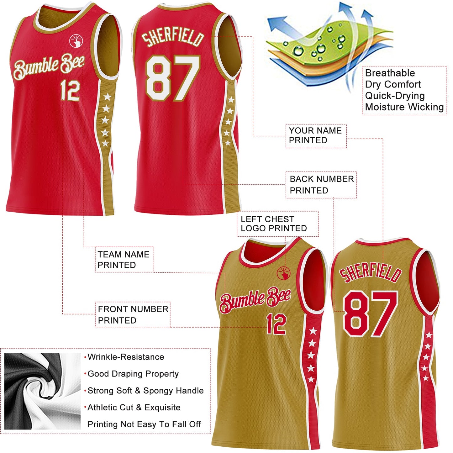 Custom Reversible Red White-Old Gold Double Side Star Sublimation Basketball Set Jersey