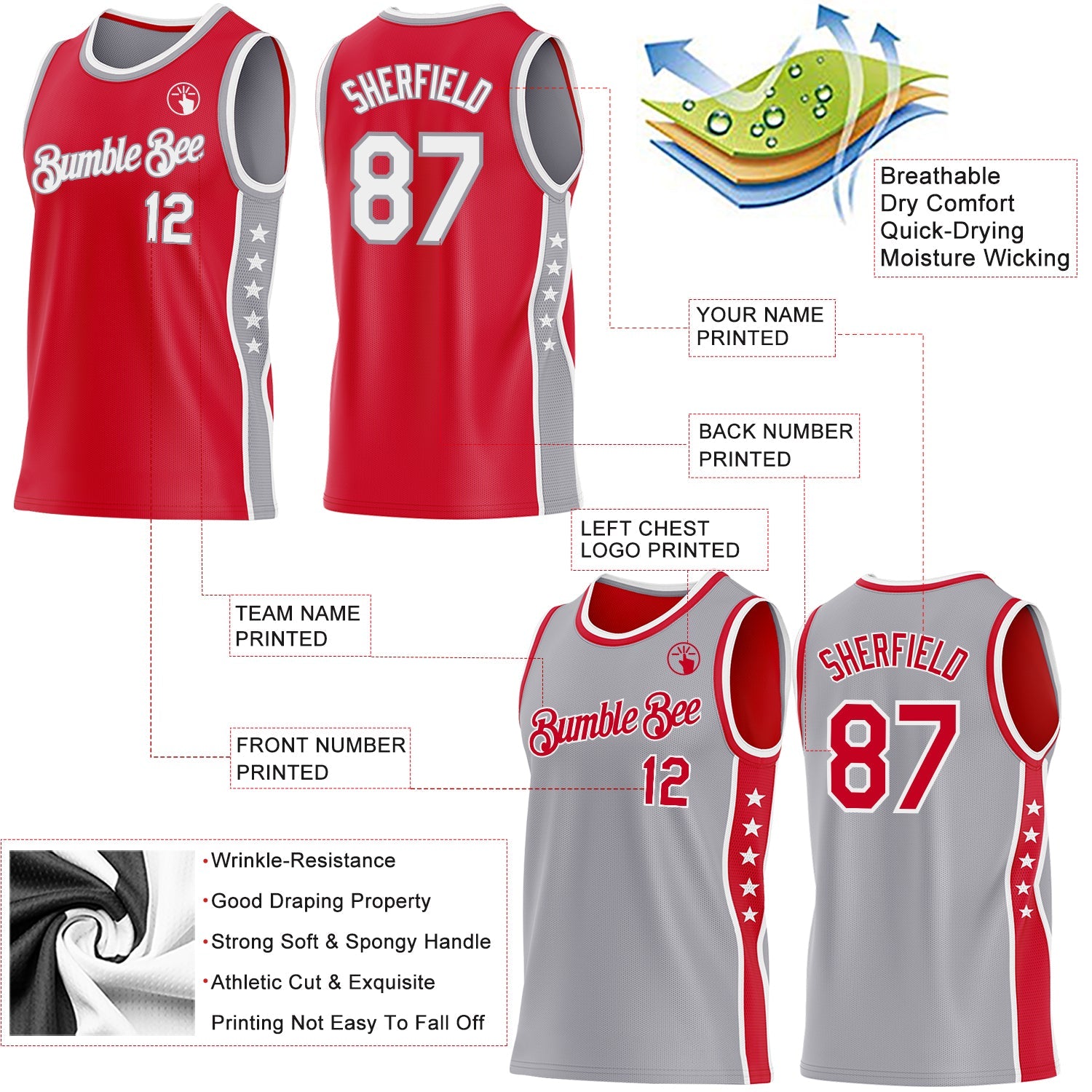 Custom Reversible Red White-Gray Double Side Star Sublimation Basketball Set Jersey