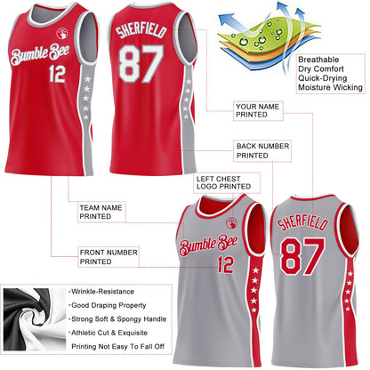 Custom Reversible Red White-Gray Double Side Star Sublimation Basketball Set Jersey