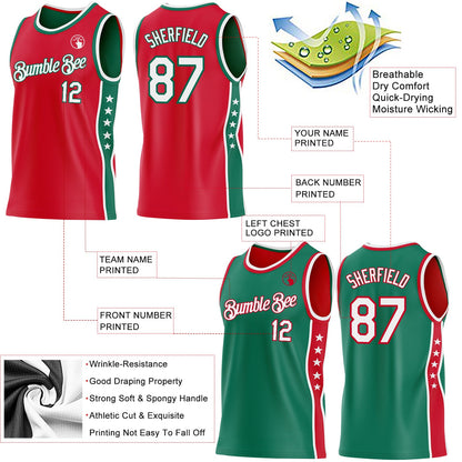 Custom Reversible Red White-Kelly Green Double Side Star Sublimation Basketball Set Jersey