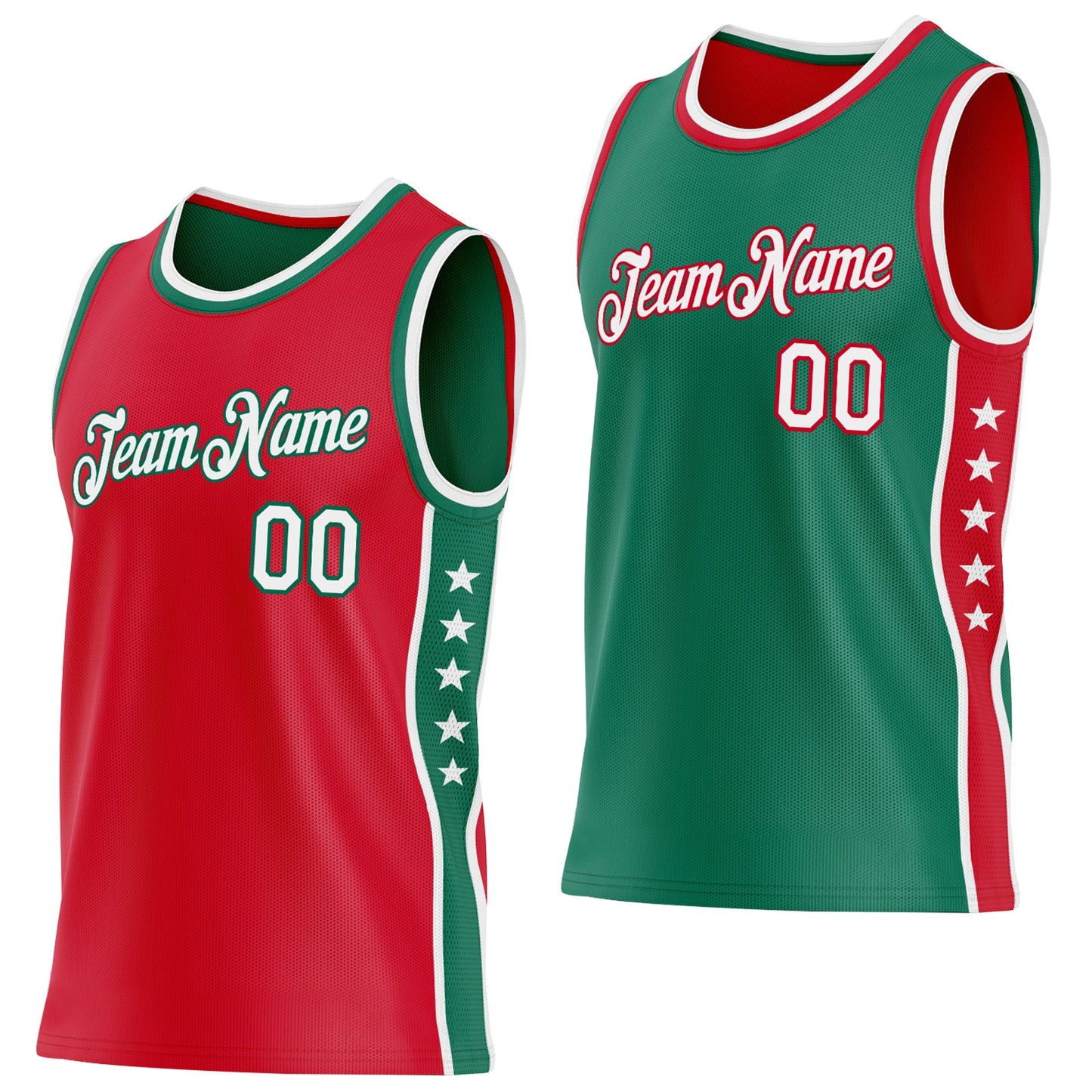 Custom Reversible Red White-Kelly Green Double Side Star Sublimation Basketball Set Jersey
