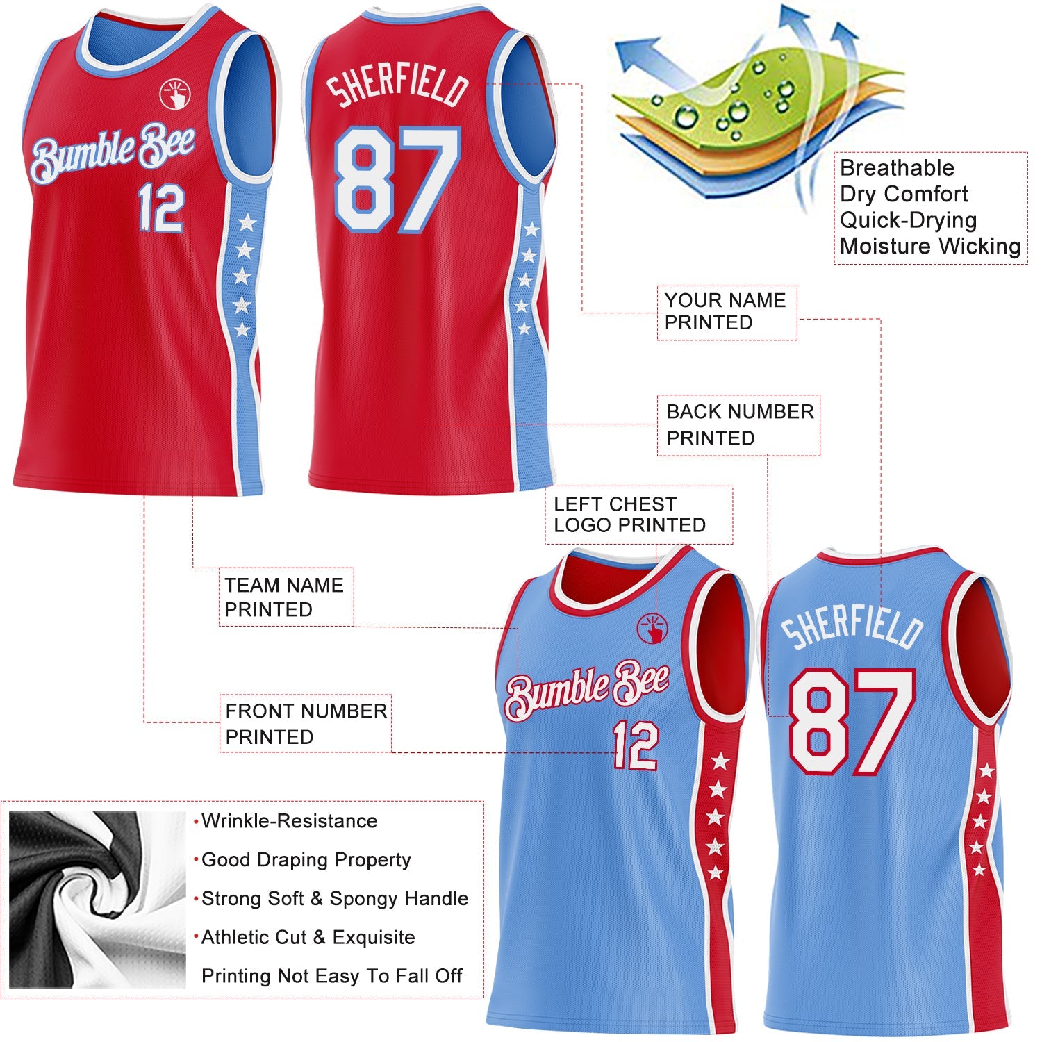 Custom Reversible Red White-Lakes Blue Double Side Star Sublimation Basketball Set Jersey