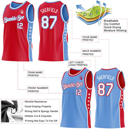 Custom Reversible Red White-Lakes Blue Double Side Star Sublimation Basketball Set Jersey