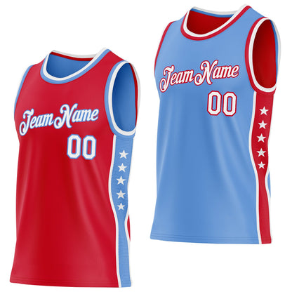 Custom Reversible Red White-Lakes Blue Double Side Star Sublimation Basketball Set Jersey