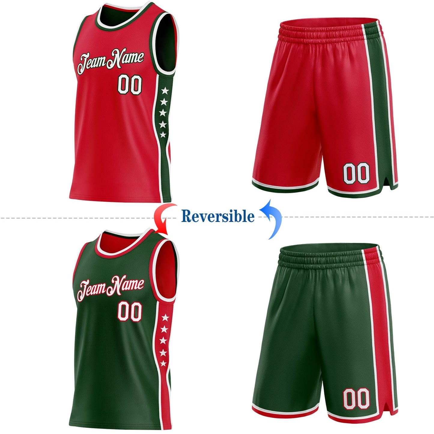 Custom Reversible Red White-Green Double Side Star Sublimation Basketball Set Jersey