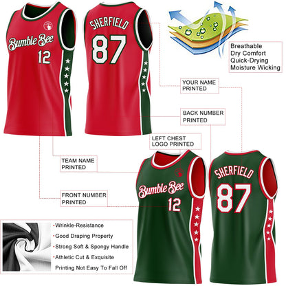 Custom Reversible Red White-Green Double Side Star Sublimation Basketball Set Jersey