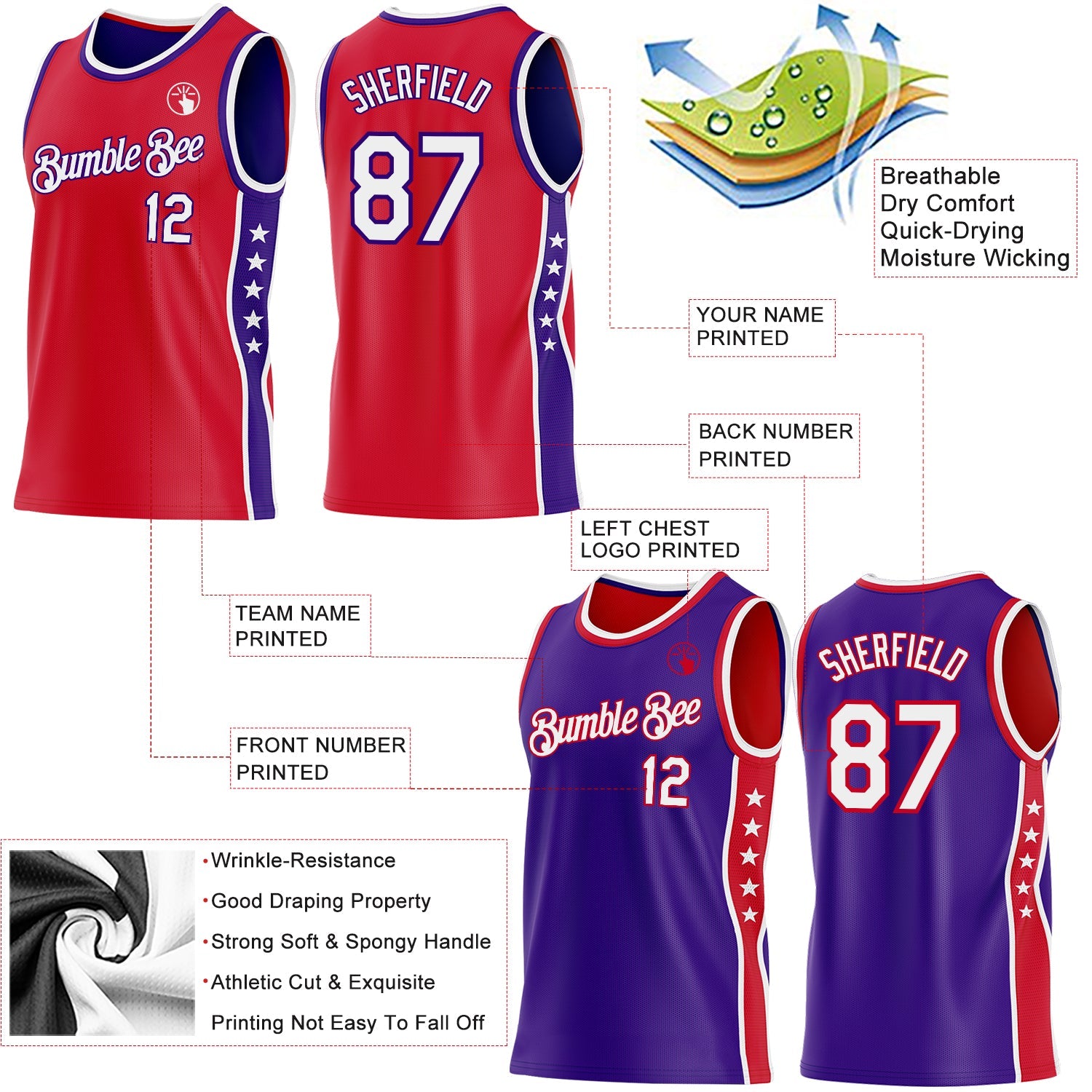 Custom Reversible Red White-Purple Double Side Star Sublimation Basketball Set Jersey