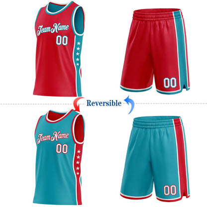 Custom Reversible Red White-Teal Double Side Star Sublimation Basketball Set Jersey