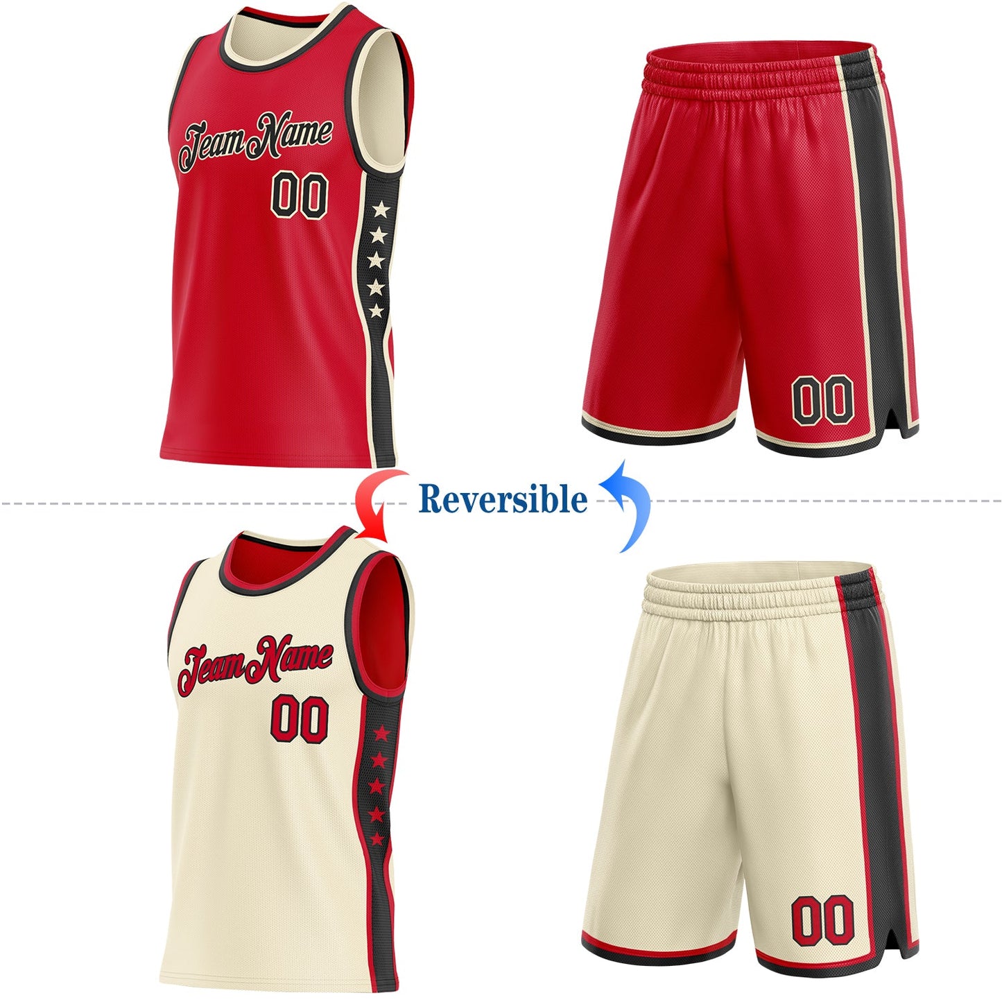 Custom Reversible Red Black-Cream Double Side Star Sublimation Basketball Set Jersey