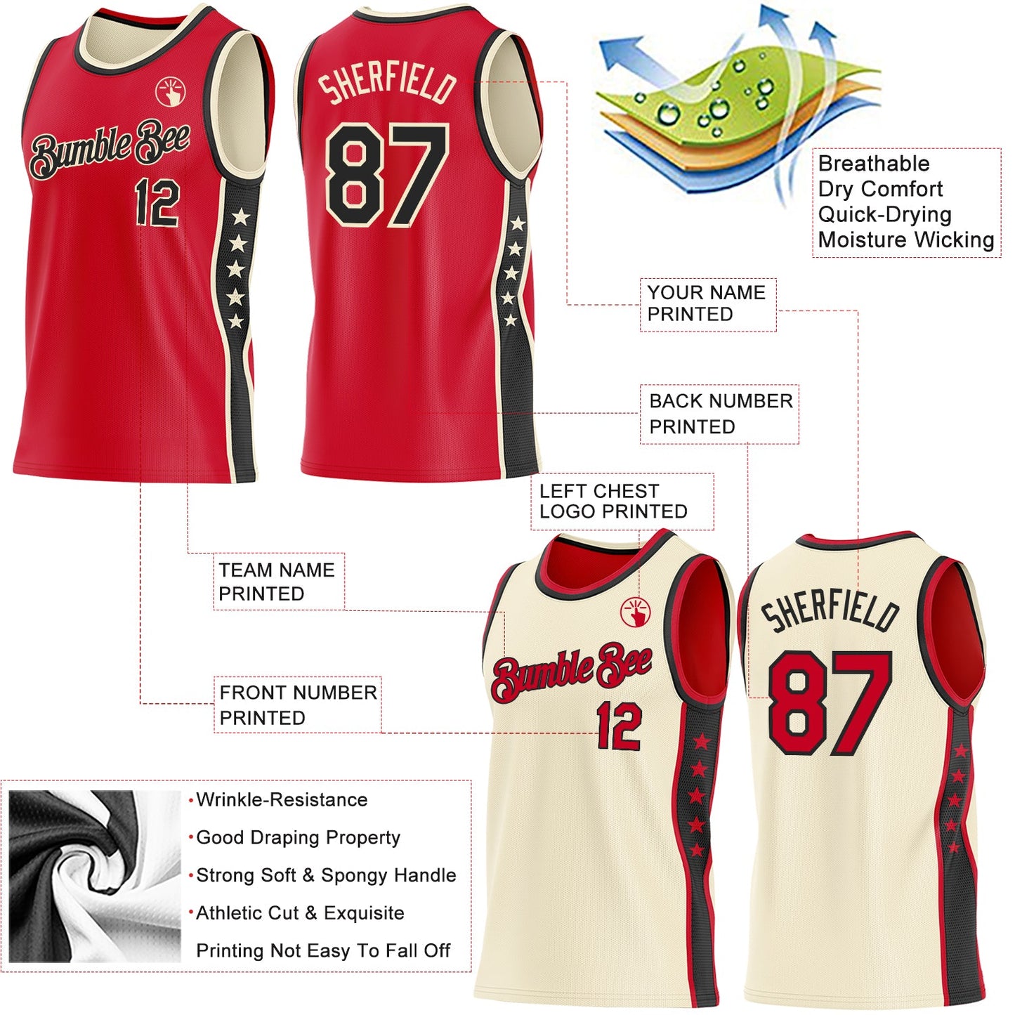 Custom Reversible Red Black-Cream Double Side Star Sublimation Basketball Set Jersey