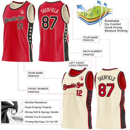 Custom Reversible Red Black-Cream Double Side Star Sublimation Basketball Set Jersey
