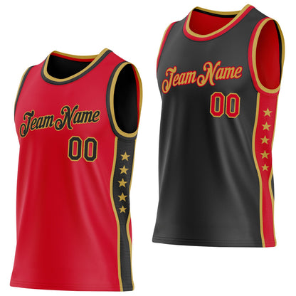 Custom Reversible Red Black-Old Gold Double Side Star Sublimation Basketball Set Jersey