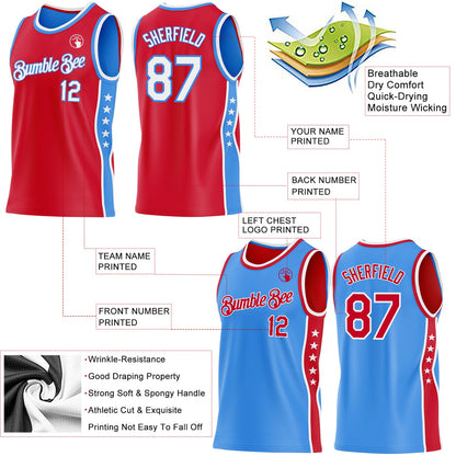 Custom Reversible Red White-Powder Blue Double Side Star Sublimation Basketball Set Jersey