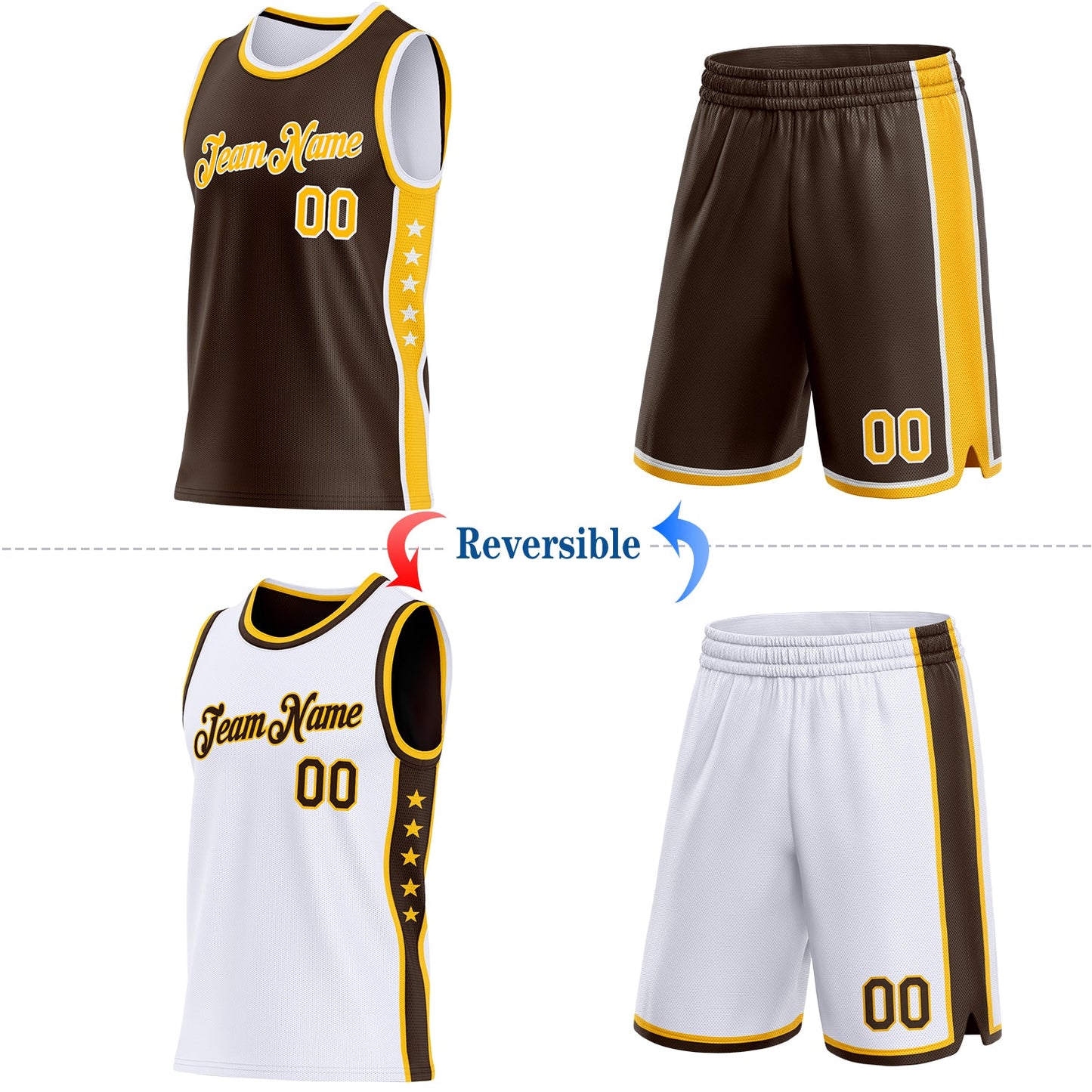 Custom Reversible Brown Gold-White Double Side Star Sublimation Basketball Set Jersey