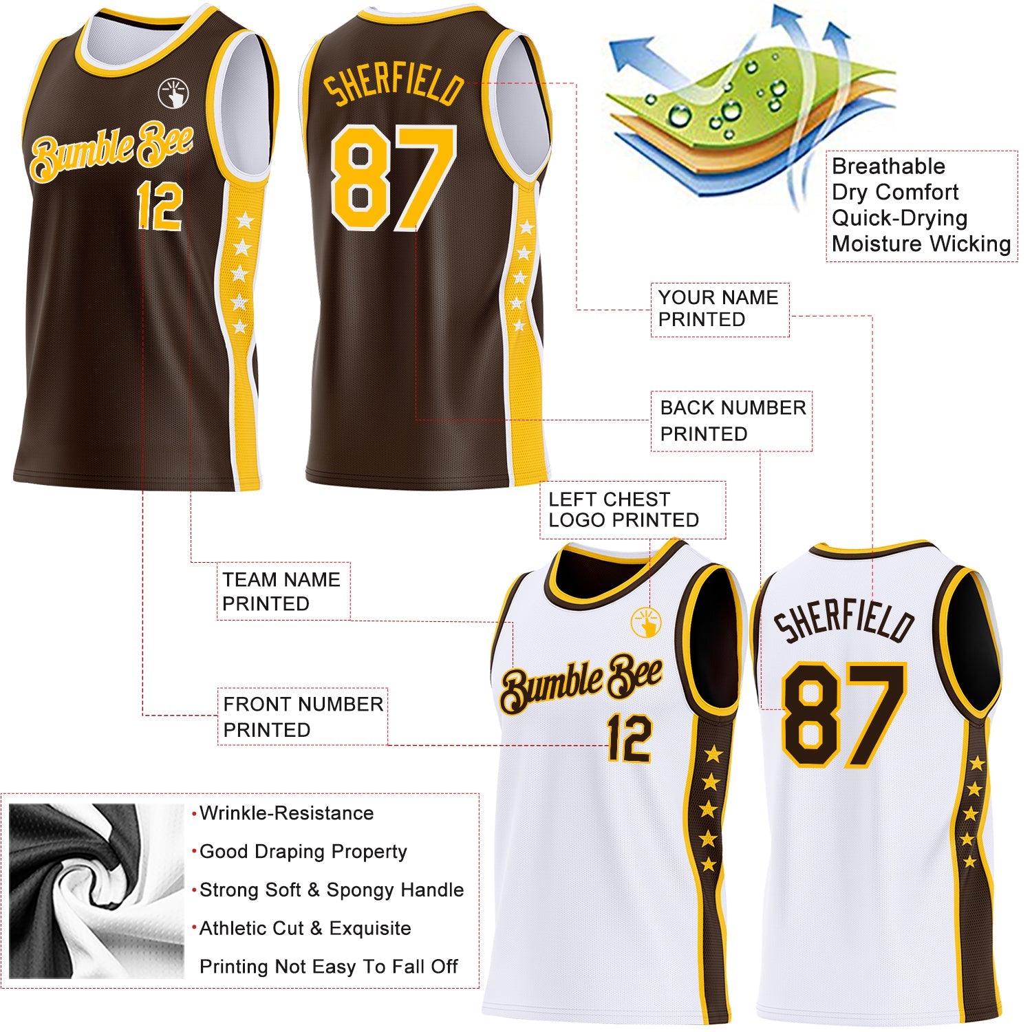 Custom Reversible Brown Gold-White Double Side Star Sublimation Basketball Set Jersey