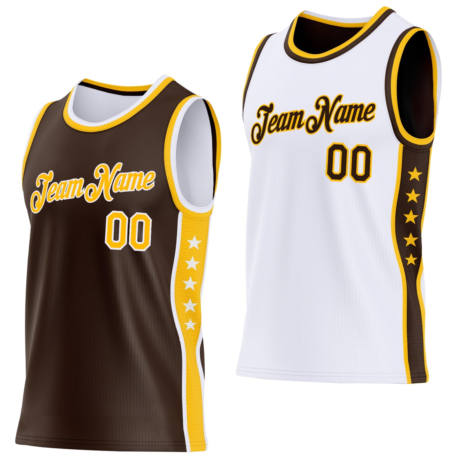Custom Reversible Brown Gold-White Double Side Star Sublimation Basketball Set Jersey
