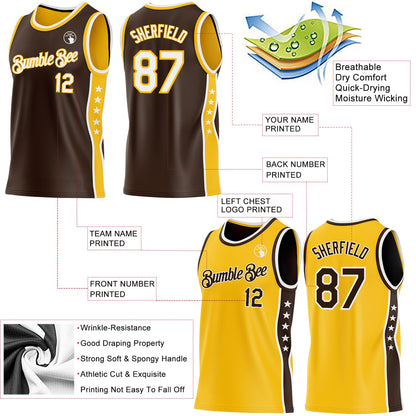Custom Reversible Brown White-Gold Double Side Star Sublimation Basketball Set Jersey