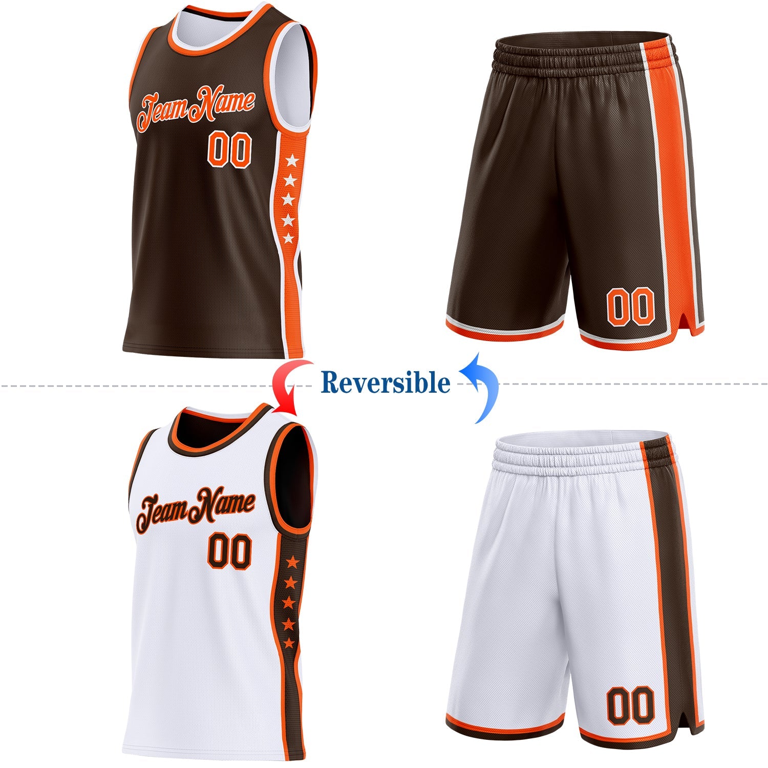 Custom Reversible Brown Orange-White Double Side Star Sublimation Basketball Set Jersey