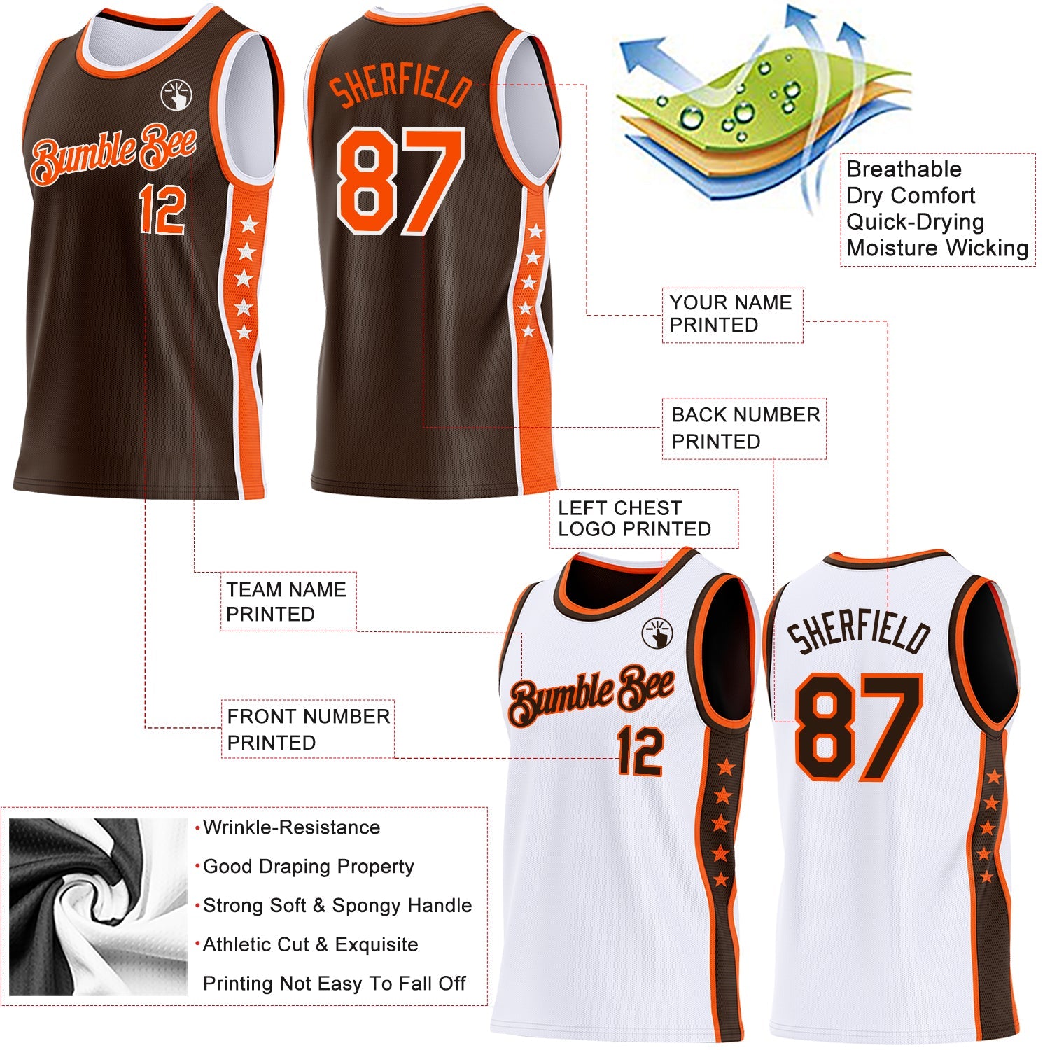Custom Reversible Brown Orange-White Double Side Star Sublimation Basketball Set Jersey