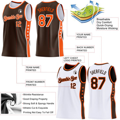 Custom Reversible Brown Orange-White Double Side Star Sublimation Basketball Set Jersey