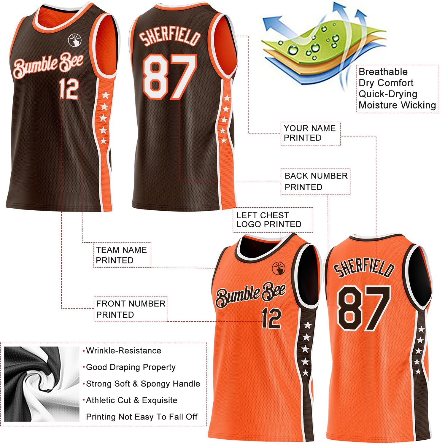 Custom Reversible Brown White-Orange Double Side Star Sublimation Basketball Set Jersey