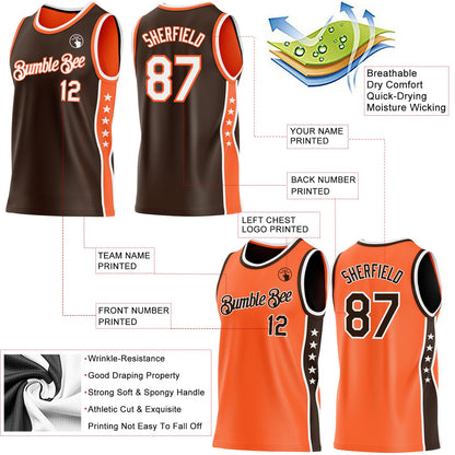 Custom Reversible Brown White-Orange Double Side Star Sublimation Basketball Set Jersey