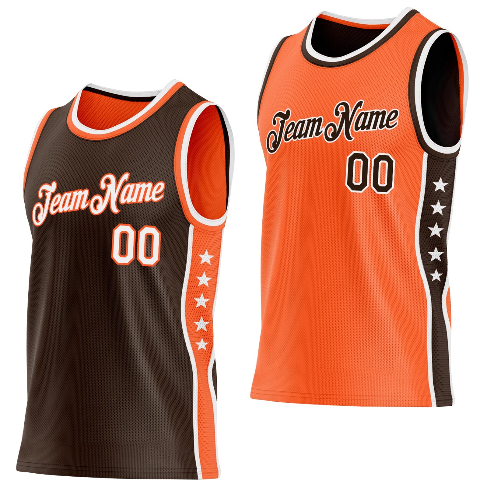 Custom Reversible Brown White-Orange Double Side Star Sublimation Basketball Set Jersey
