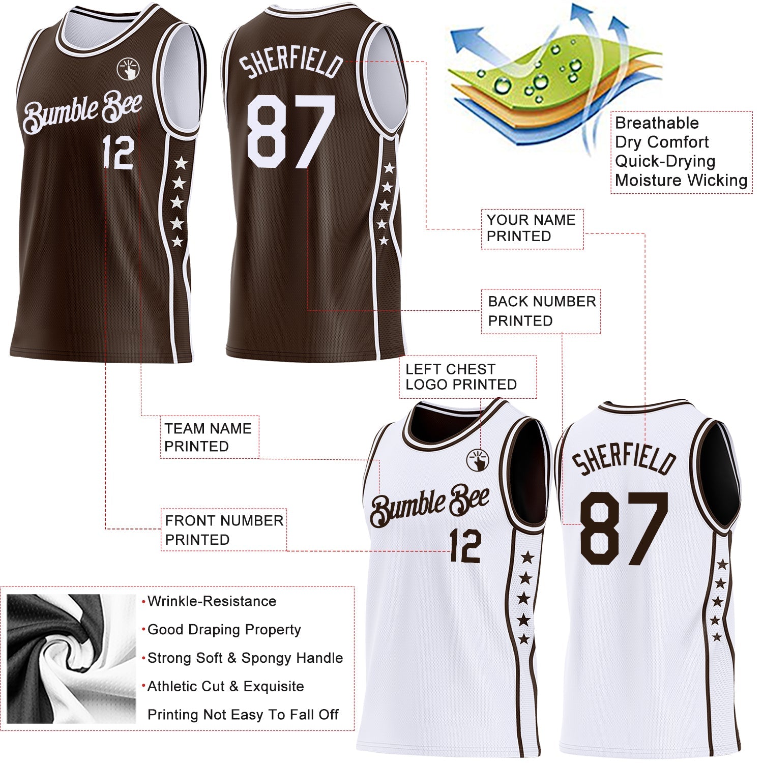Custom Reversible Brown White Double Side Star Sublimation Basketball Set Jersey
