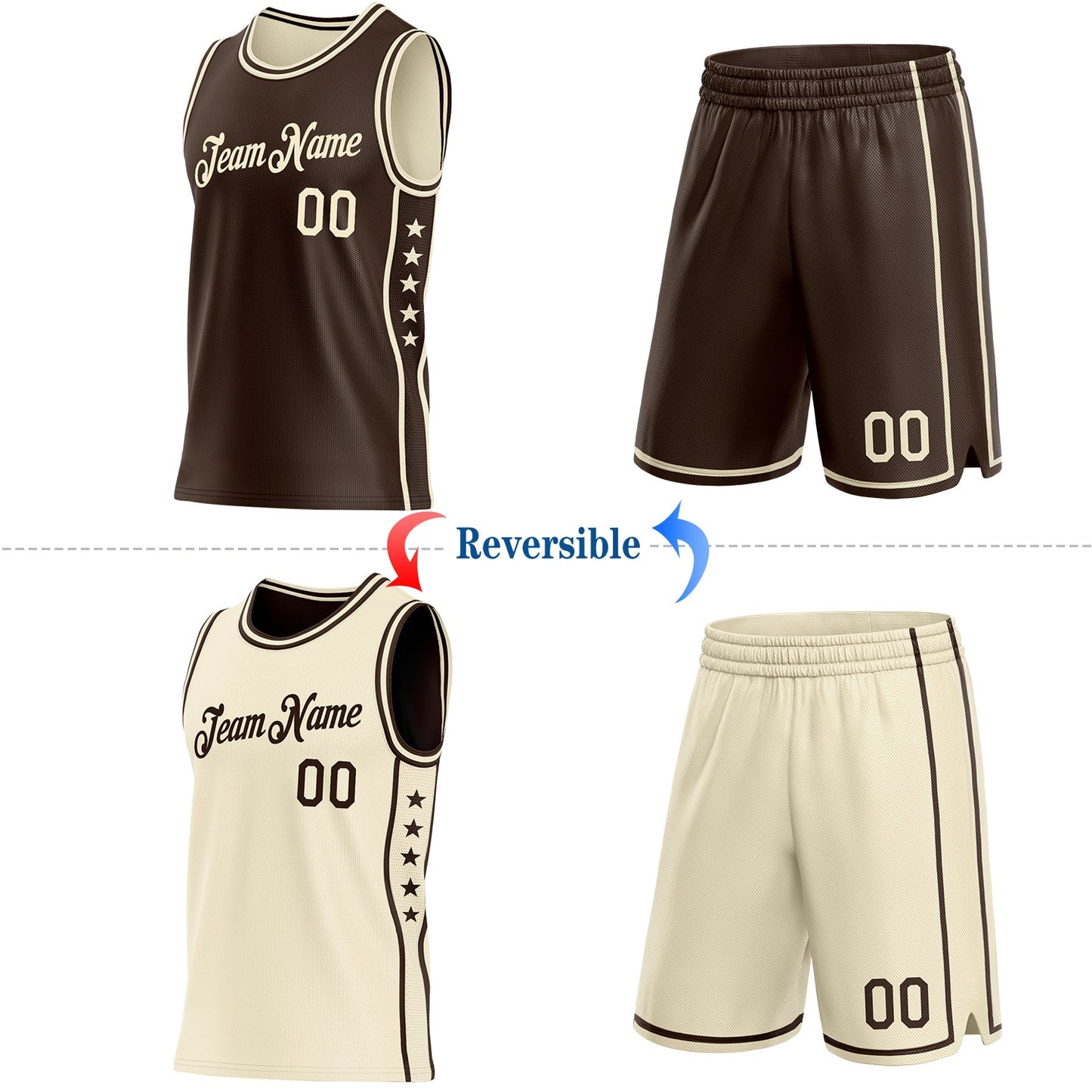 Custom Reversible Brown Cream Double Side Star Sublimation Basketball Set Jersey