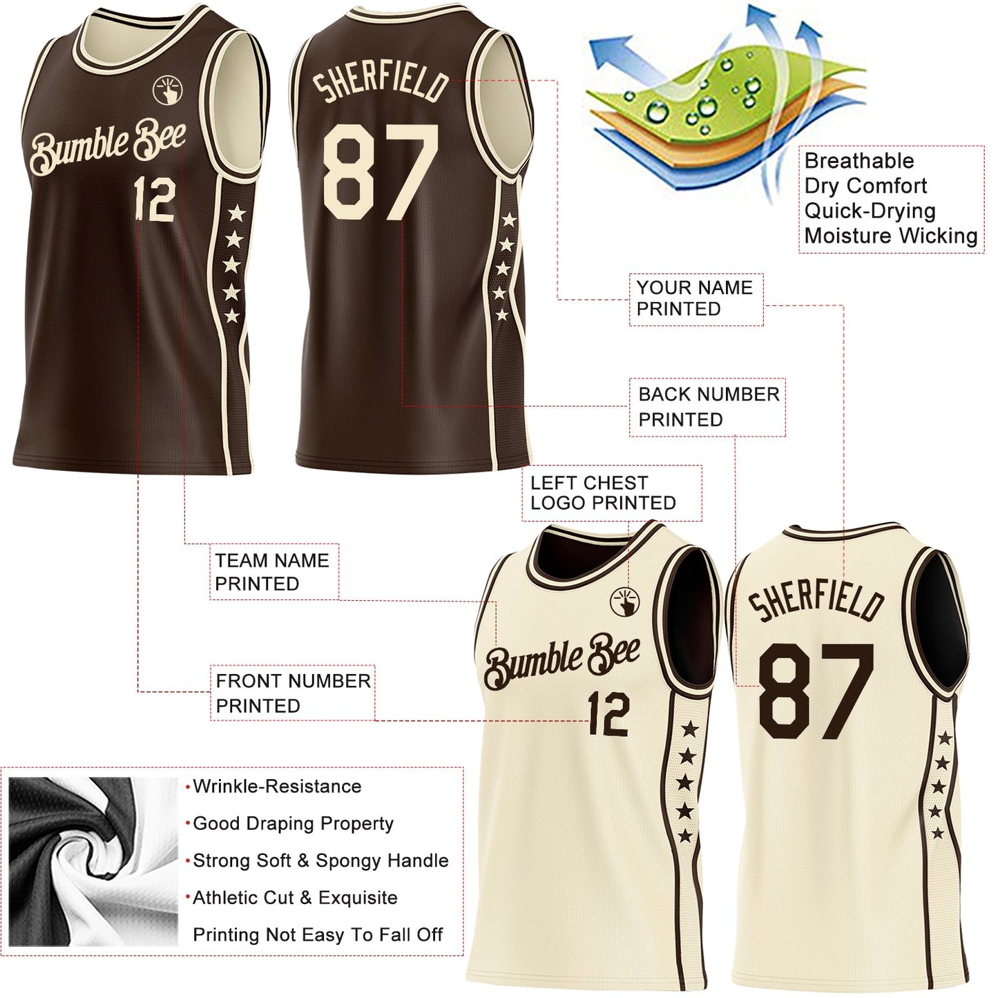 Custom Reversible Brown Cream Double Side Star Sublimation Basketball Set Jersey