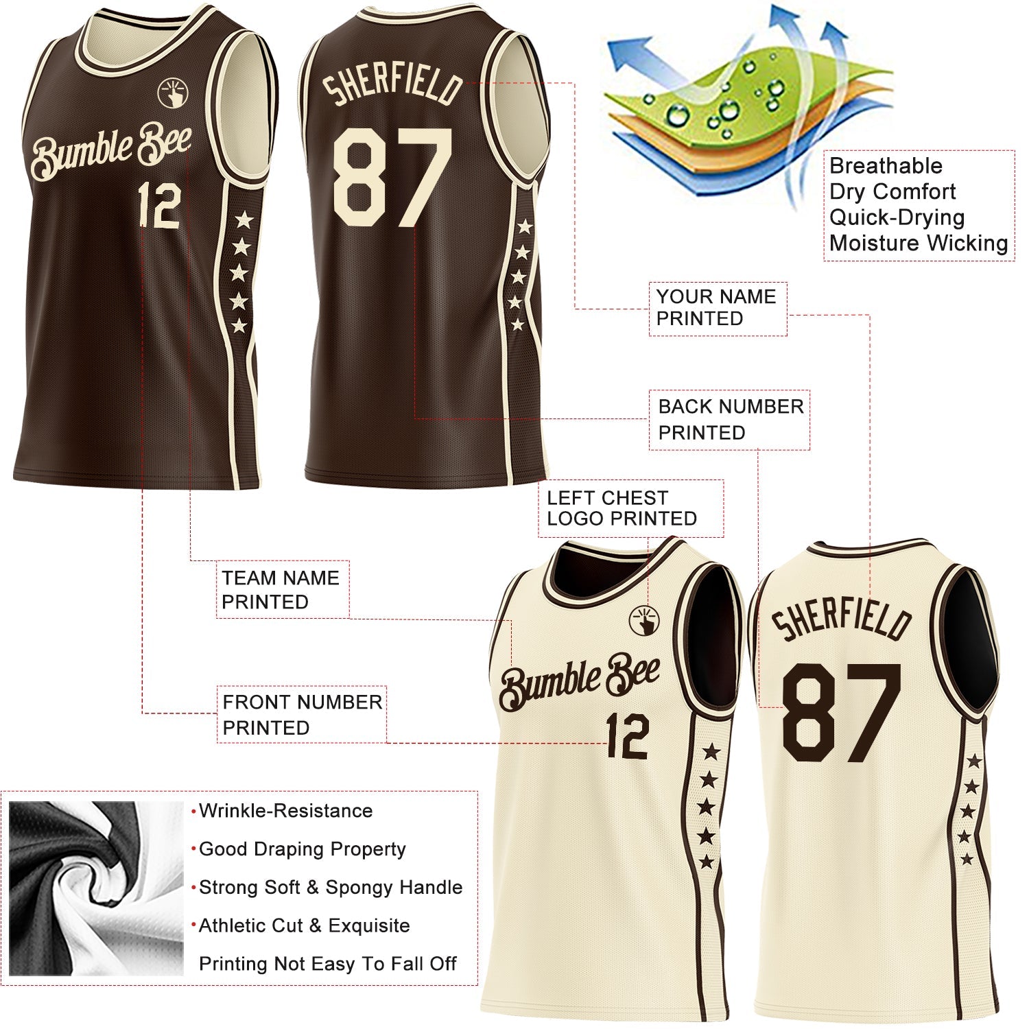 Custom Reversible Brown Cream Double Side Star Sublimation Basketball Set Jersey