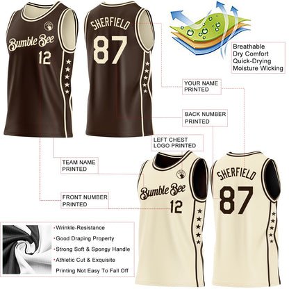 Custom Reversible Brown Cream Double Side Star Sublimation Basketball Set Jersey