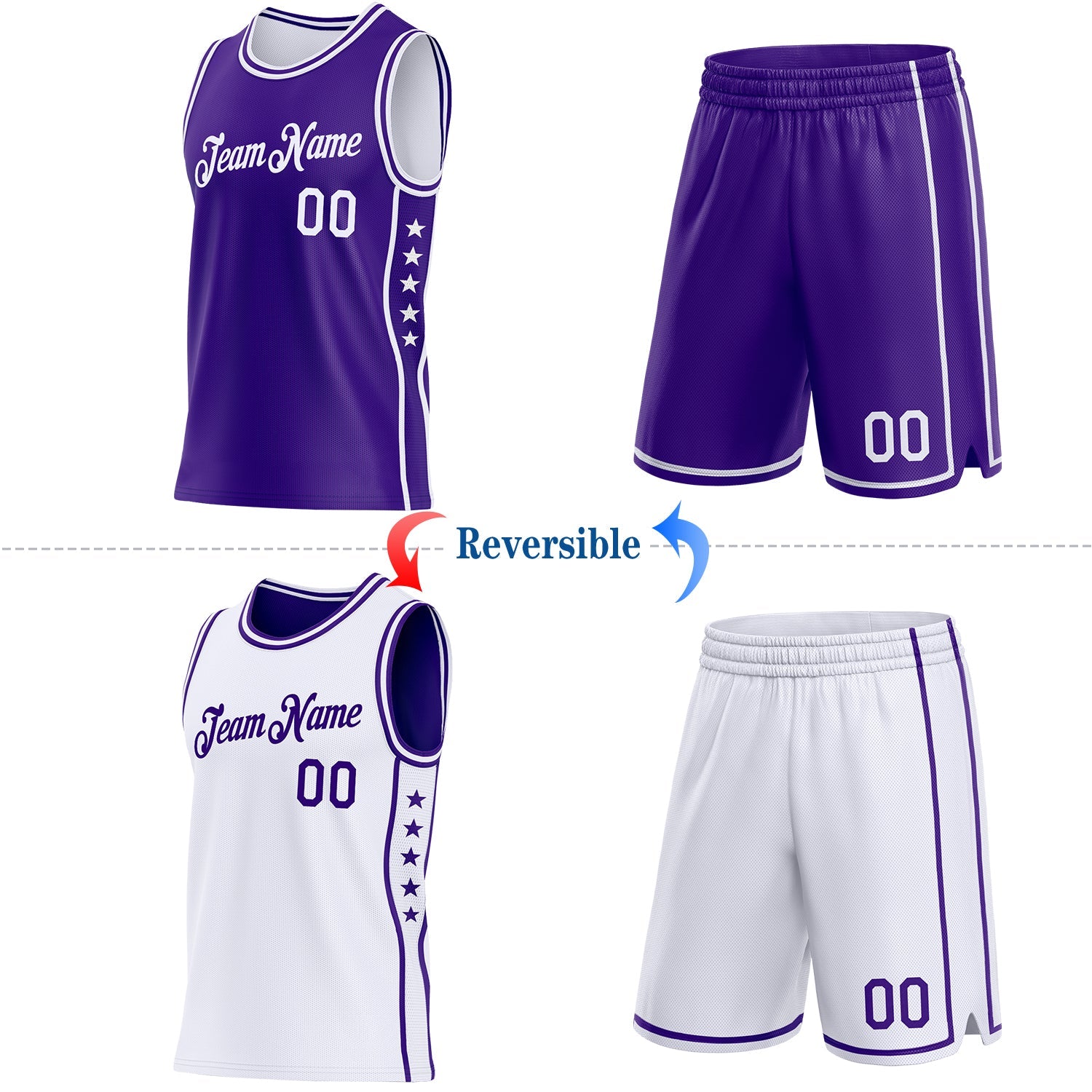 Custom Reversible Purple White Double Side Star Sublimation Basketball Set Jersey