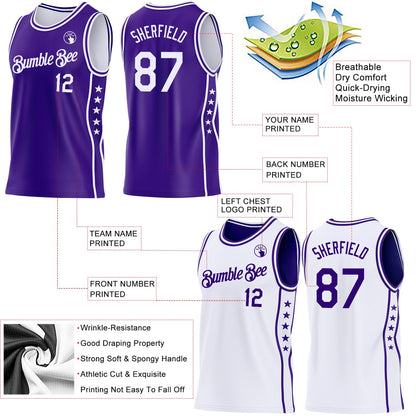 Custom Reversible Purple White Double Side Star Sublimation Basketball Set Jersey
