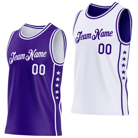 Custom Reversible Purple White Double Side Star Sublimation Basketball Set Jersey