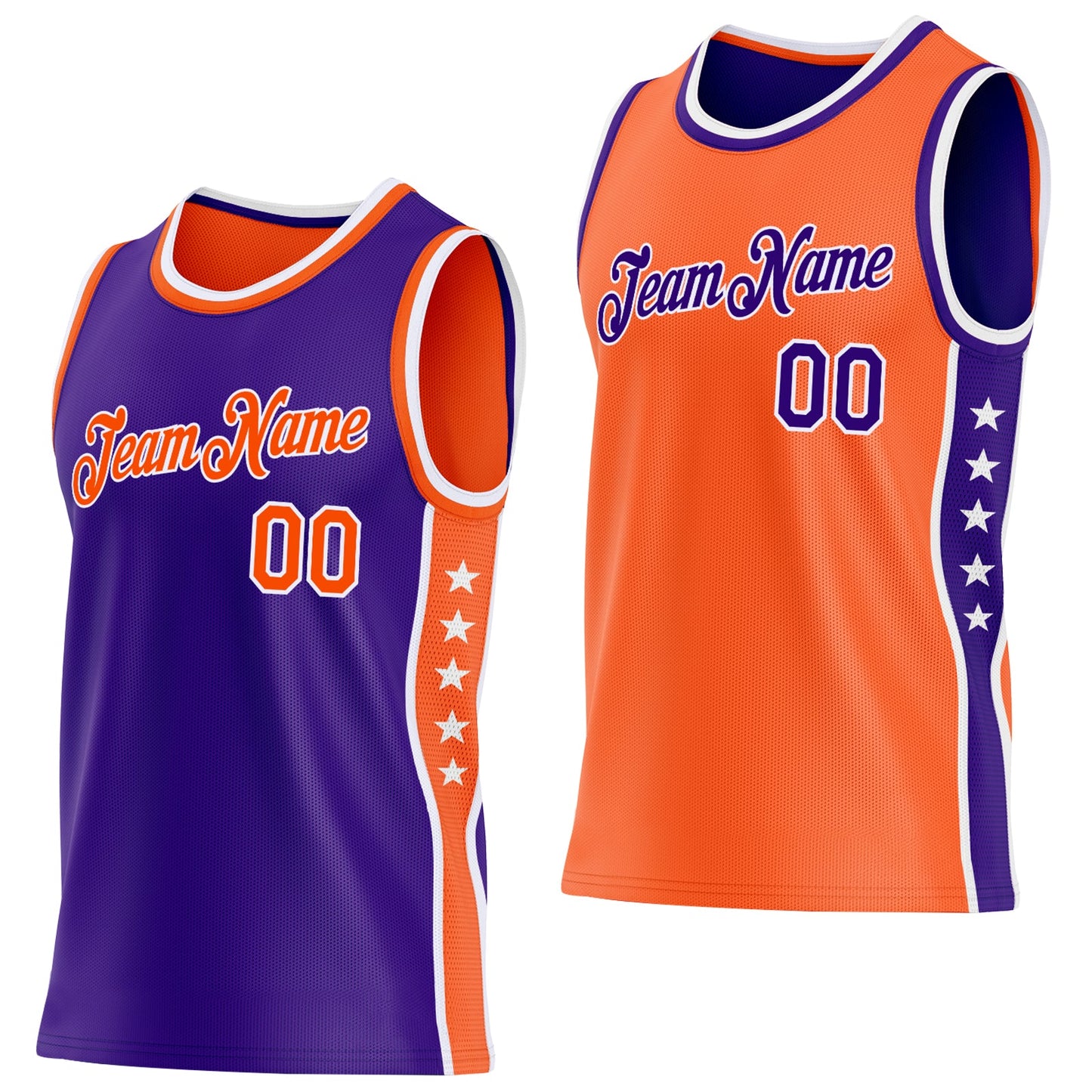 Custom Reversible Purple Orange-White Double Side Star Sublimation Basketball Set Jersey