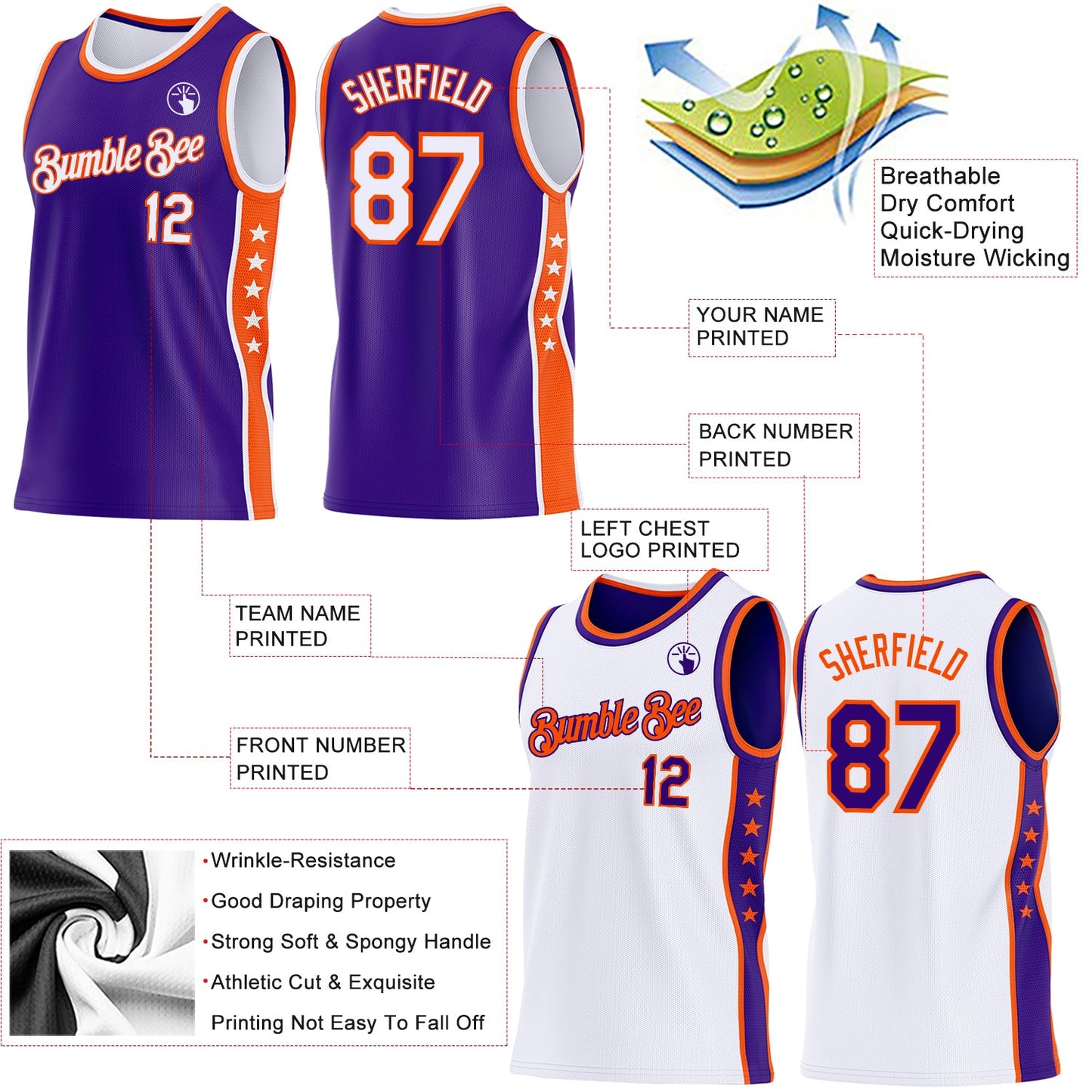 Custom Reversible Purple White-Orange Double Side Star Sublimation Basketball Set Jersey