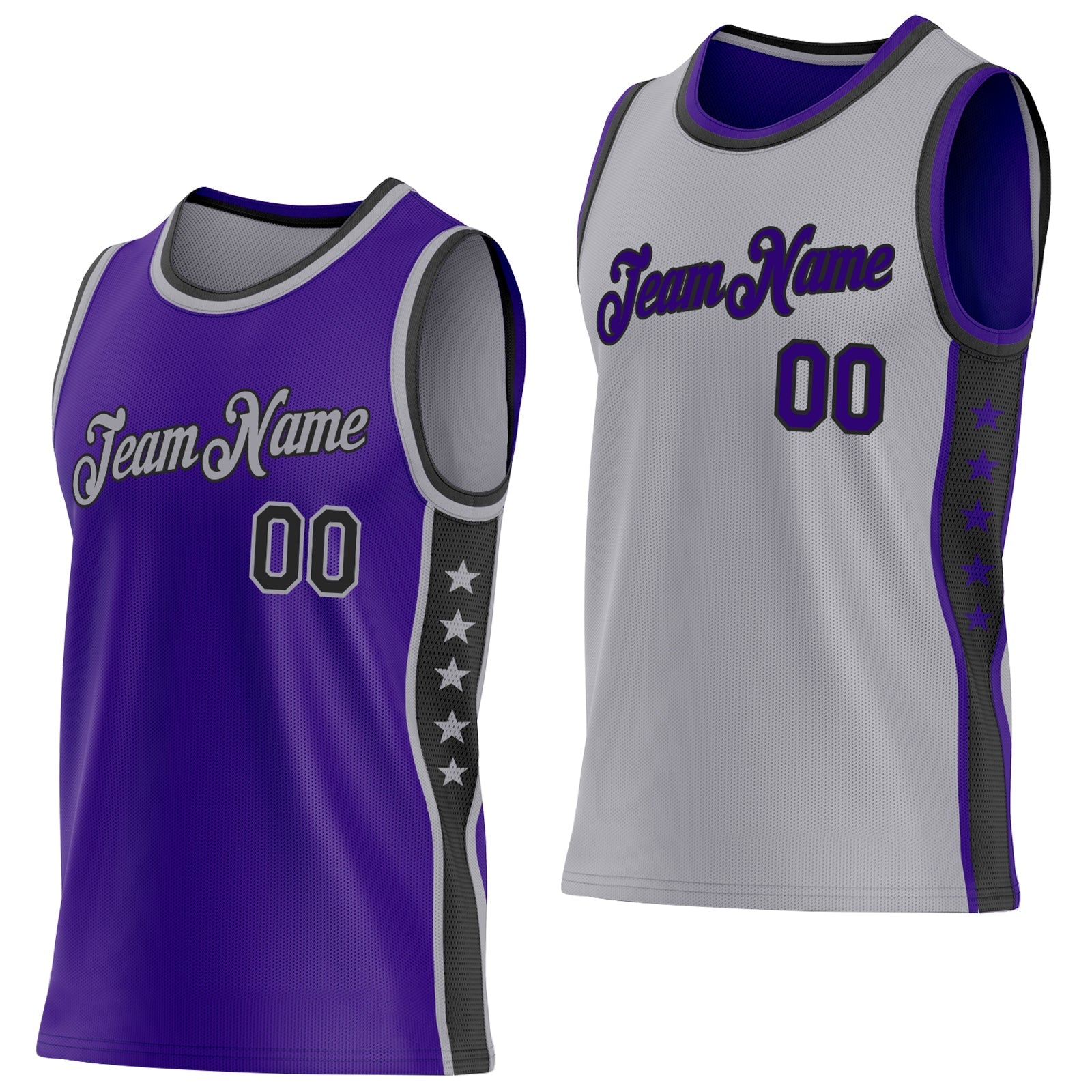 Custom Reversible Purple Black-Gray Double Side Star Sublimation Basketball Set Jersey