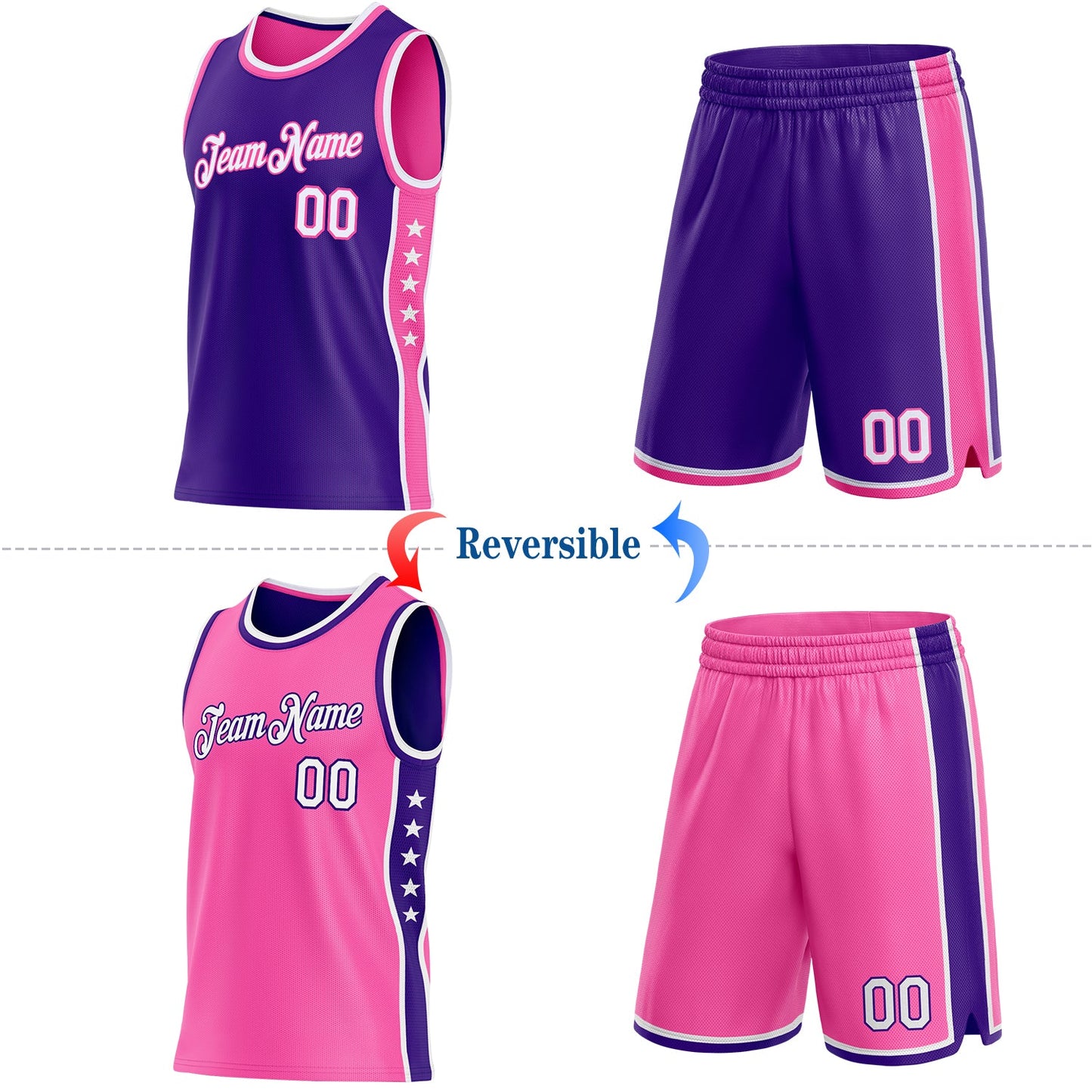 Custom Reversible Purple White-Pink Double Side Star Sublimation Basketball Set Jersey