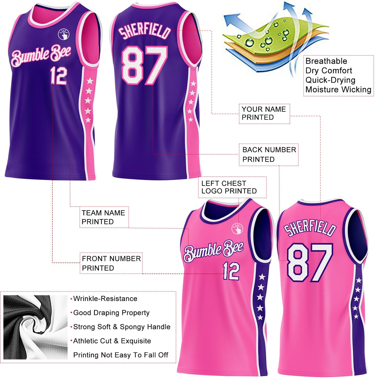 Custom Reversible Purple White-Pink Double Side Star Sublimation Basketball Set Jersey