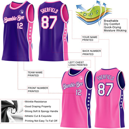 Custom Reversible Purple White-Pink Double Side Star Sublimation Basketball Set Jersey