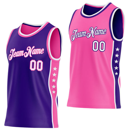 Custom Reversible Purple White-Pink Double Side Star Sublimation Basketball Set Jersey