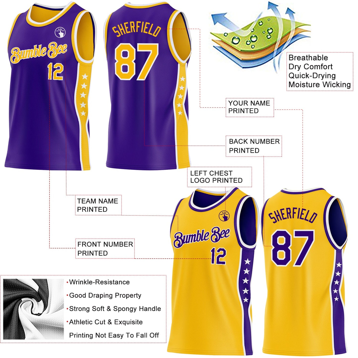Custom Reversible Purple Gold-White Double Side Star Sublimation Basketball Set Jersey